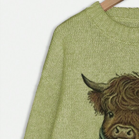 Casual Green Women's Cartoon Cow Print Crew Neck Pullover - Picture 6 of 7